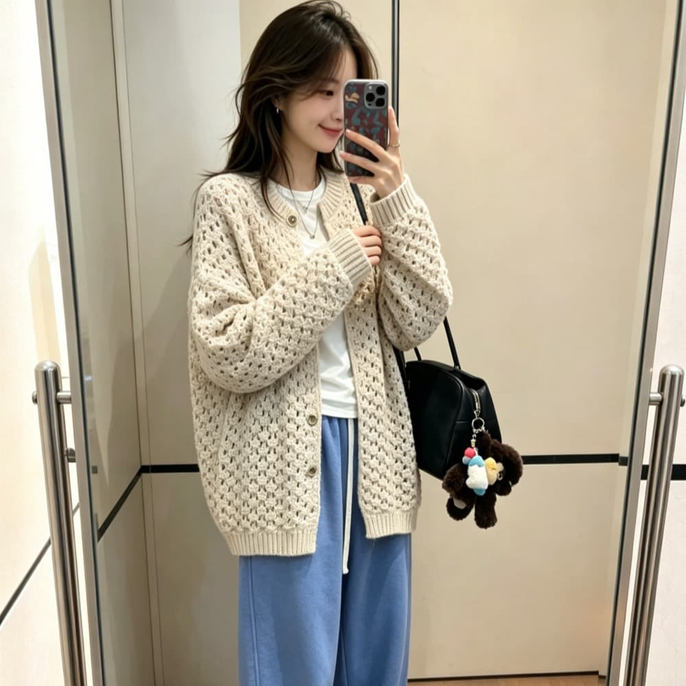 한국 ins 가을 겨울 새로운 루즈핏 싱글 줄 버튼 니트 오픈 가디건 단색 스웨터 여자