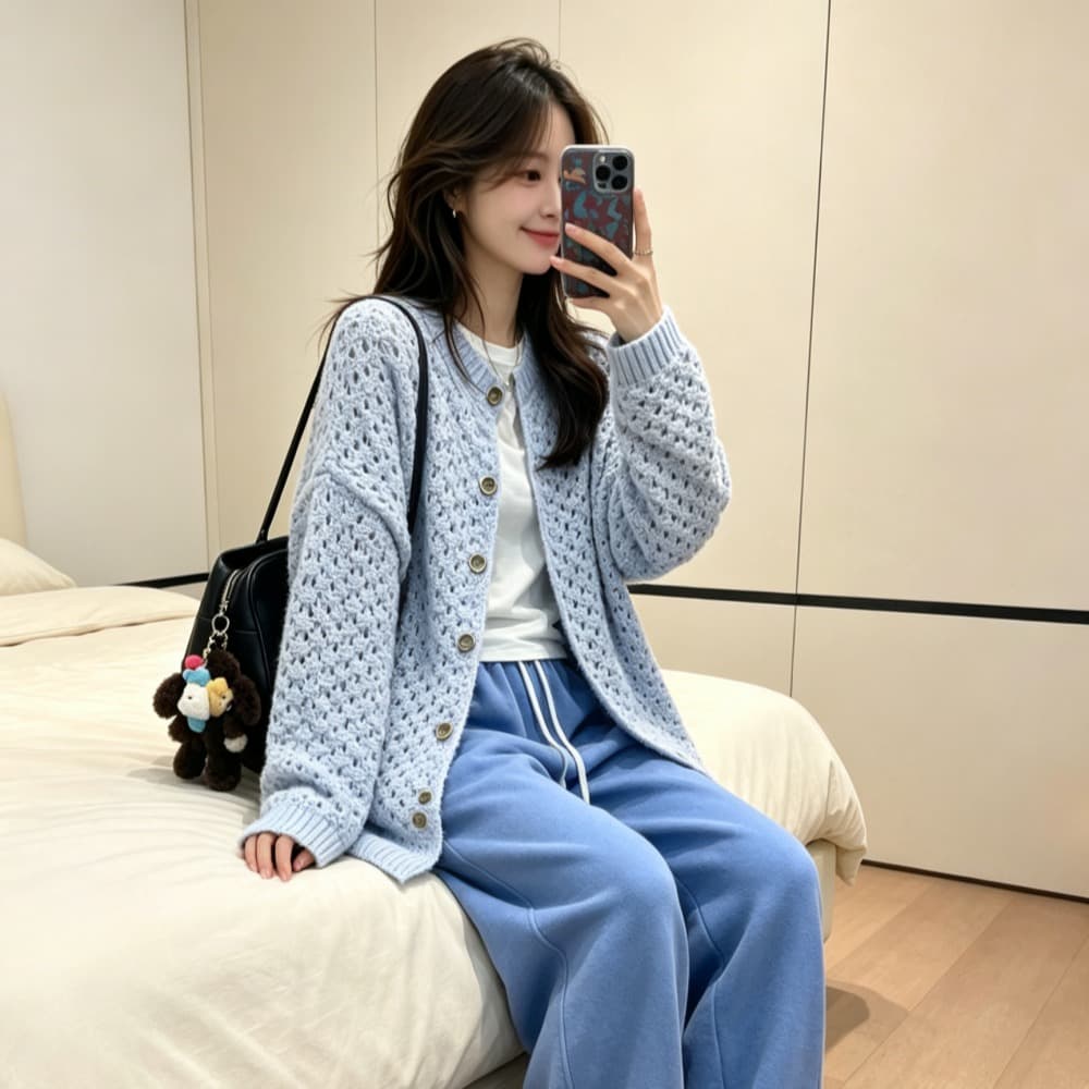 한국 ins 가을 겨울 새로운 루즈핏 싱글 줄 버튼 니트 오픈 가디건 단색 스웨터 여자 이미지 3
