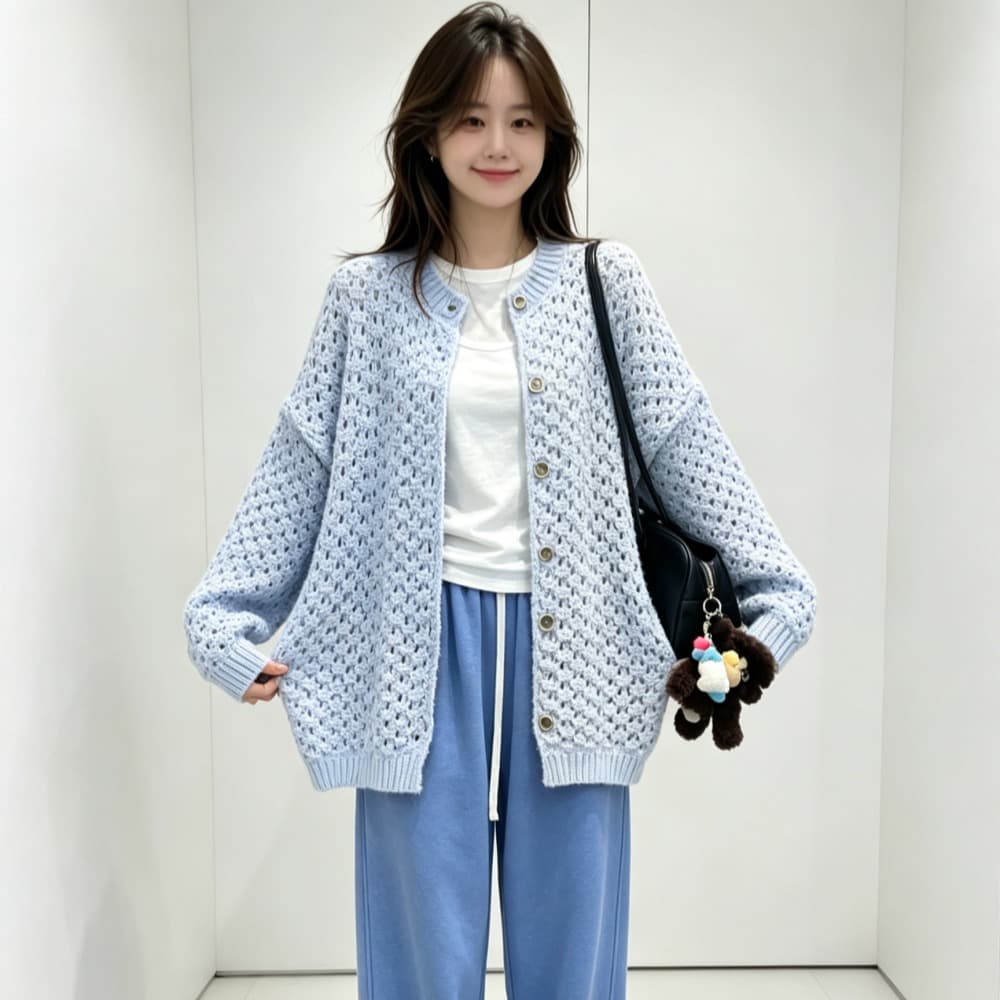 한국 ins 가을 겨울 새로운 루즈핏 싱글 줄 버튼 니트 오픈 가디건 단색 스웨터 여자 이미지 4