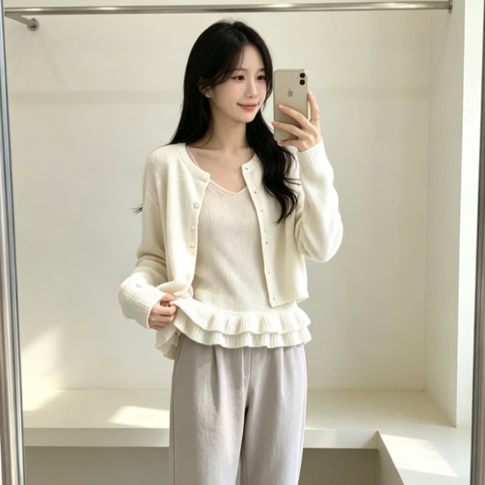 한국 슈퍼 화재 내부 및 외부 스택 착용 스웨터 오픈 가디건 두 조각 여성 세트 가을 프릴 따뜻한 니트 재킷 이미지 3
