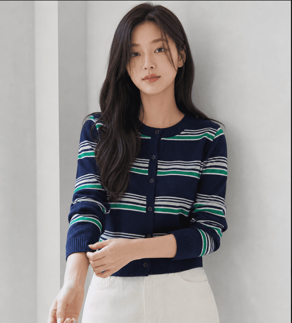 가을 새로운 패치워크 색상 라운드 넥 수평 줄무늬 열기 니트 스웨터 상세 이미지 1