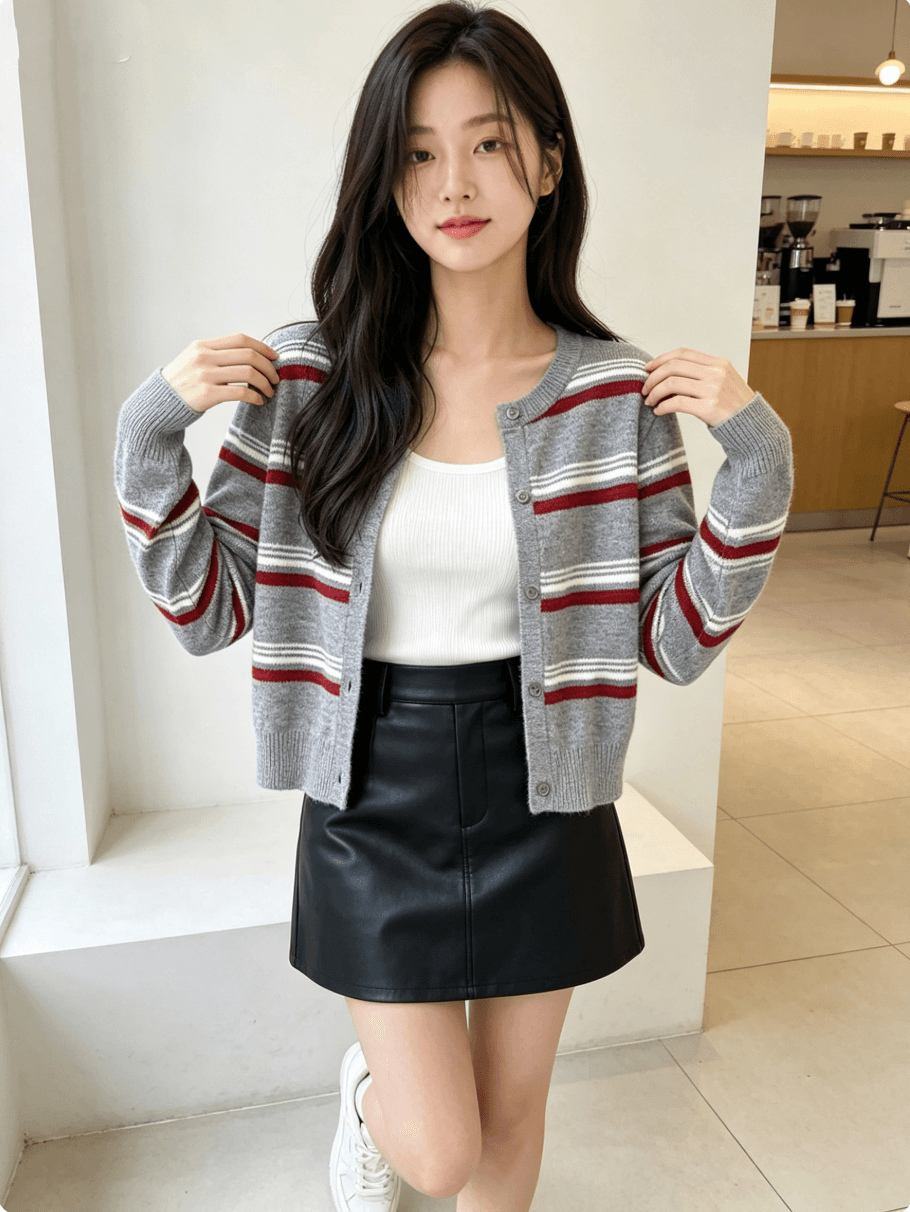 가을 새로운 패치워크 색상 라운드 넥 수평 줄무늬 열기 니트 스웨터 상세 이미지 2