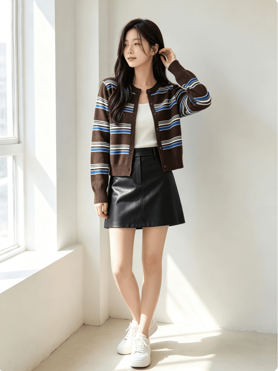 가을 새로운 패치워크 색상 라운드 넥 수평 줄무늬 열기 니트 스웨터 상세 이미지 4