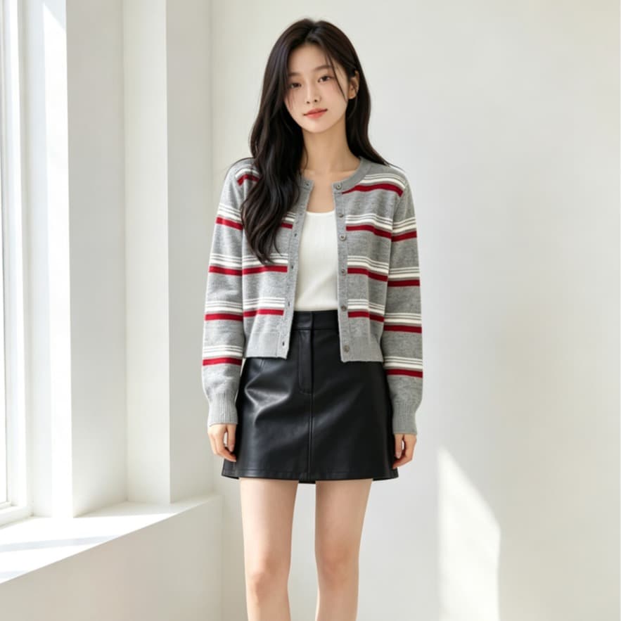 가을 새로운 패치워크 색상 라운드 넥 수평 줄무늬 열기 니트 스웨터 이미지 3