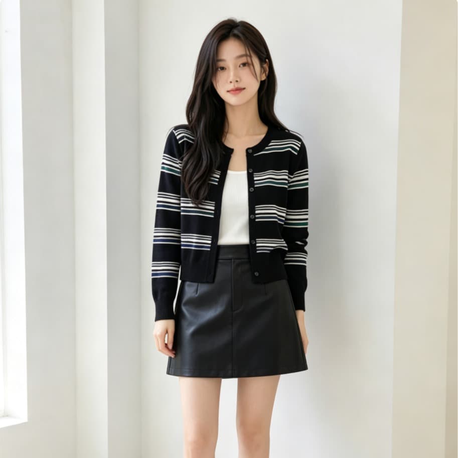 가을 새로운 패치워크 색상 라운드 넥 수평 줄무늬 열기 니트 스웨터 이미지 2