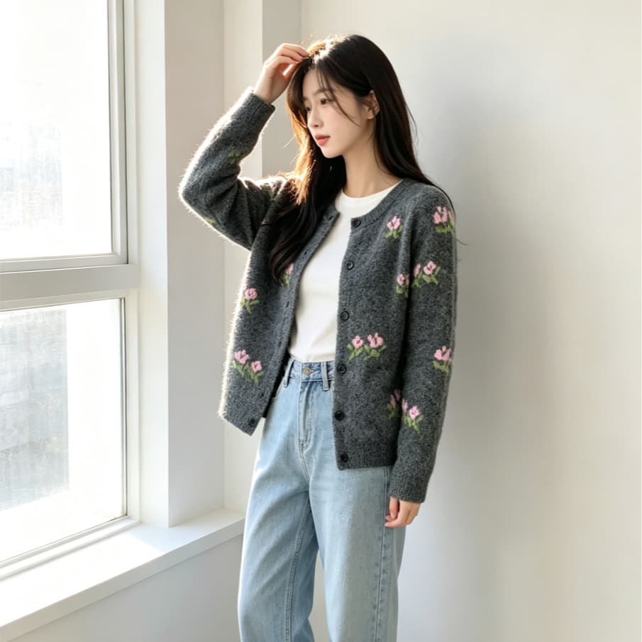 센 부서 꽃 자수 스웨터 여자 2026 가을 어두운 회색 라운드 넥 오픈 가디건 루즈핏 슬림해 보이는 니트 스웨터 이미지 4