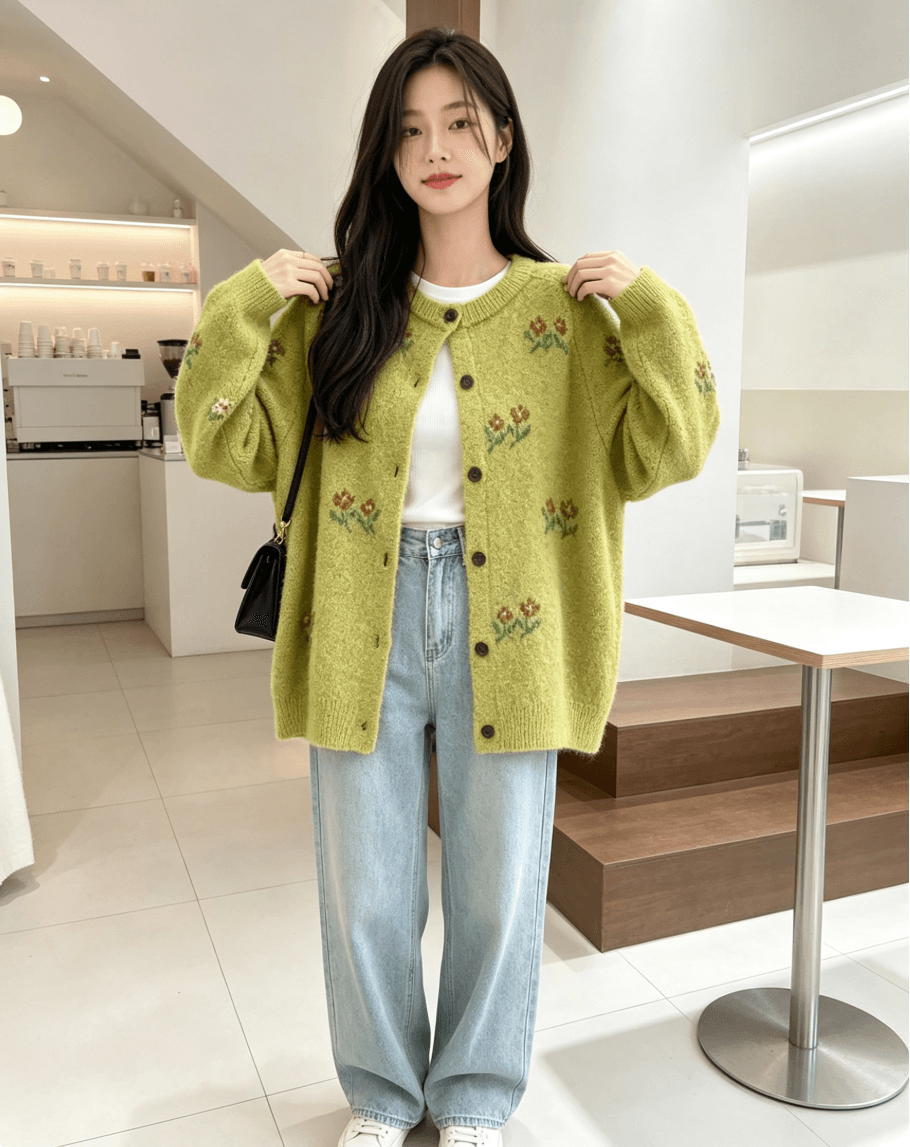 센 부서 꽃 자수 스웨터 여자 2026 가을 어두운 회색 라운드 넥 오픈 가디건 루즈핏 슬림해 보이는 니트 스웨터 상세 이미지 2