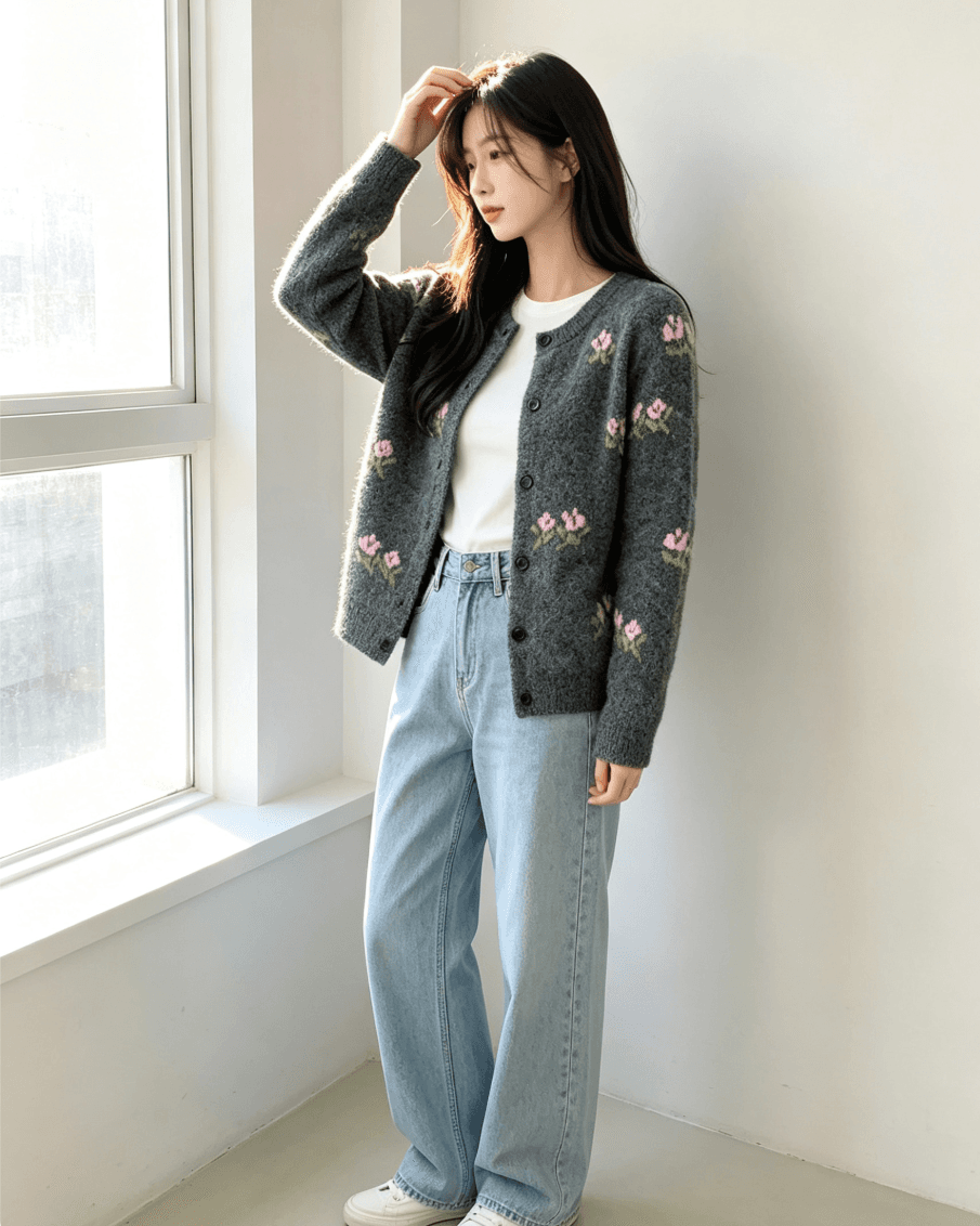 센 부서 꽃 자수 스웨터 여자 2026 가을 어두운 회색 라운드 넥 오픈 가디건 루즈핏 슬림해 보이는 니트 스웨터 상세 이미지 5