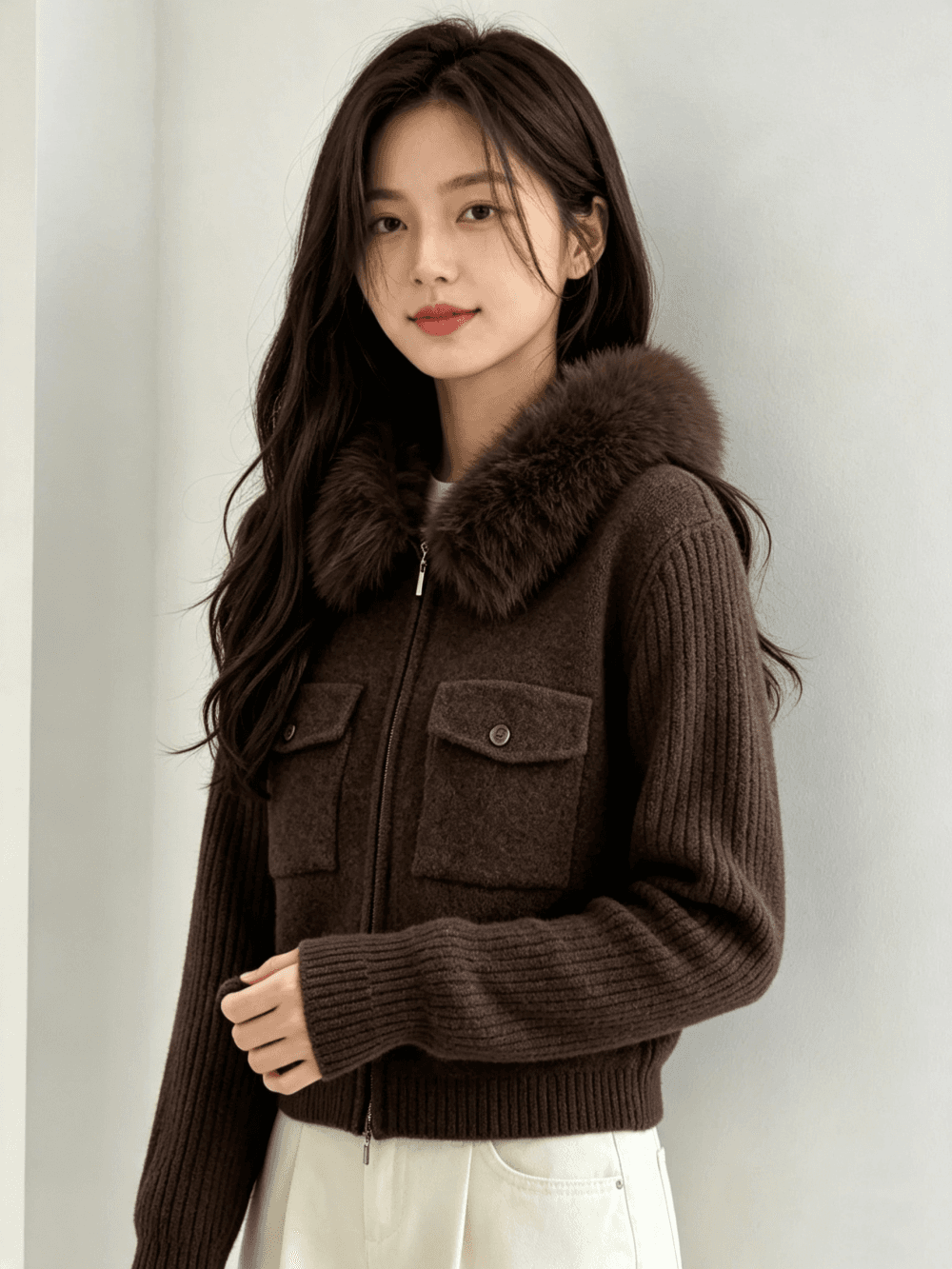 고급 센스 단색 주머니 지퍼 디자인 양모 니트 오픈 가디건 다용도 연령 감소 플리스 털털 의류 여성 코트 이미지 2