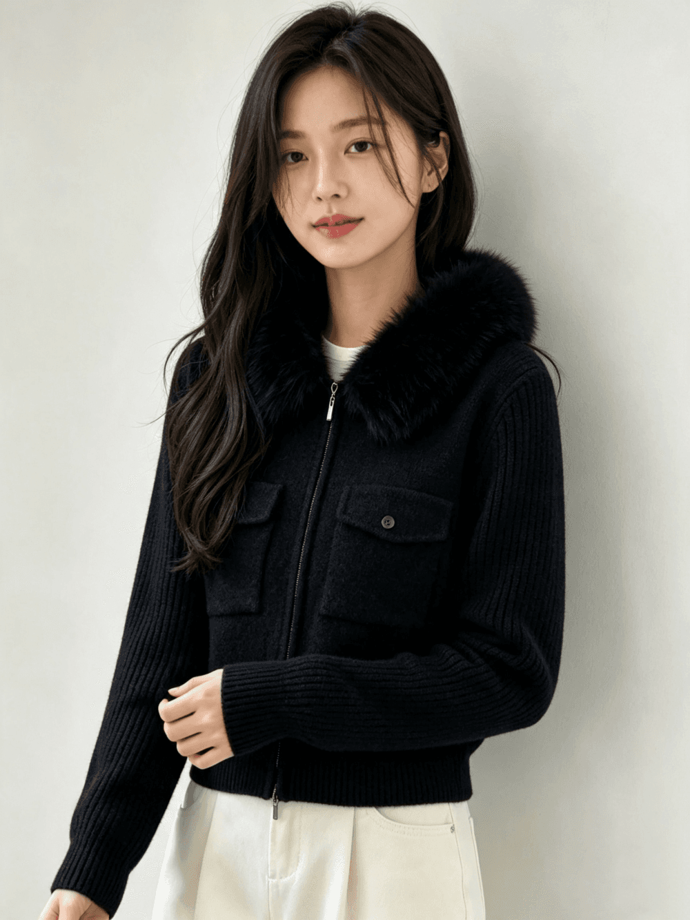 고급 센스 단색 주머니 지퍼 디자인 양모 니트 오픈 가디건 다용도 연령 감소 플리스 털털 의류 여성 코트 상세 이미지 1