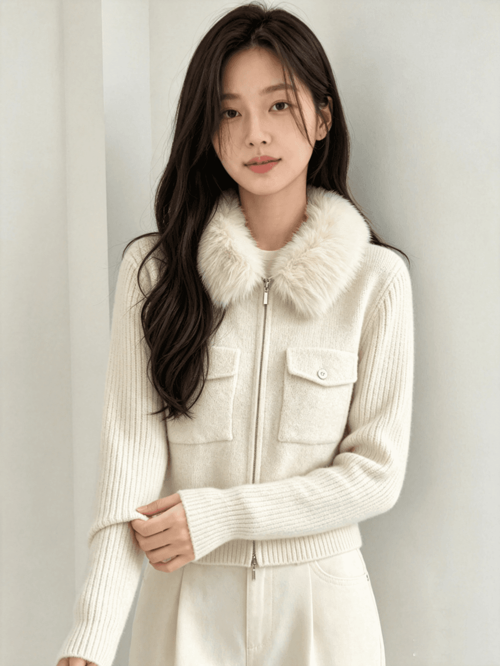 고급 센스 단색 주머니 지퍼 디자인 양모 니트 오픈 가디건 다용도 연령 감소 플리스 털털 의류 여성 코트