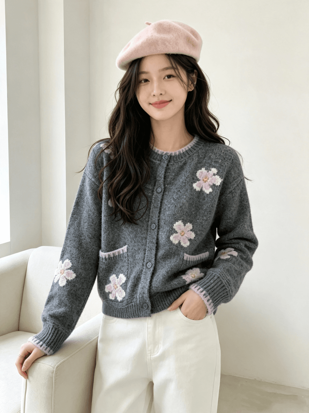 레트로 꽃 배색 스웨터 여성 코트 두꺼운 2025 가을 겨울철 새로운 달콤함 부드러운 연령 감소 니트 오픈 가디건