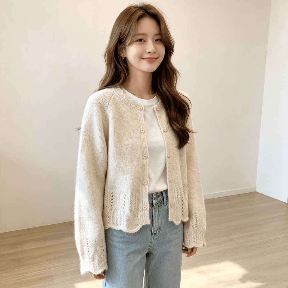 부드러운 바람 수공 레이스 칼라 스웨터 오픈 가디건 여성 가을 부드러운 찹쌀 모헤어 재킷 느긋한 고급 센스 카디건 이미지 3