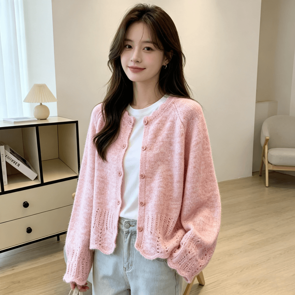 부드러운 바람 수공 레이스 칼라 스웨터 오픈 가디건 여성 가을 부드러운 찹쌀 모헤어 재킷 느긋한 고급 센스 카디건 상세 이미지 2