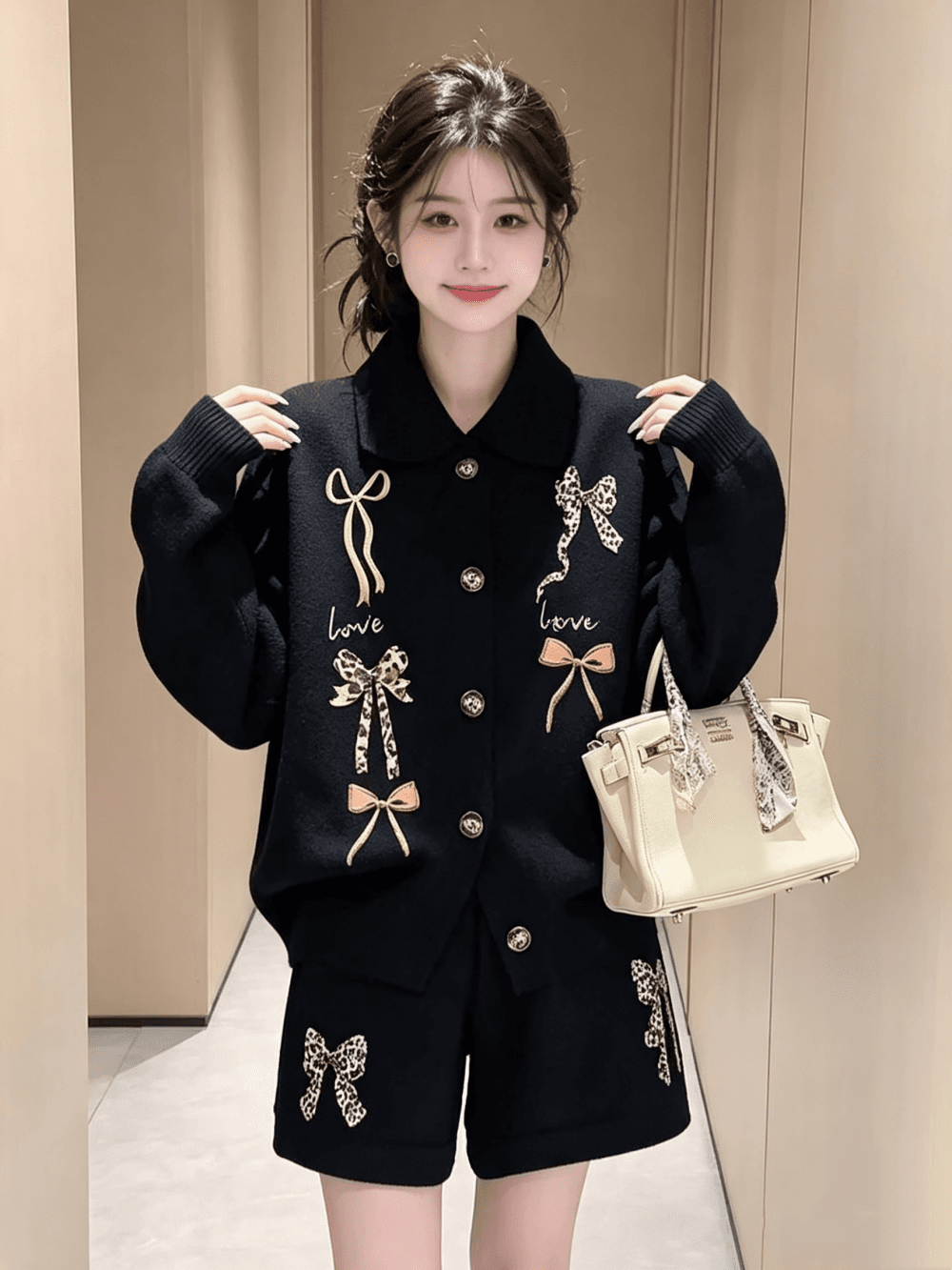 캐주얼 검정색 자카드 세트 봄 작은 키 착용 가져 가라. 여성 2026 새로운 느긋한 바람 맨위 바지 투피스 세트