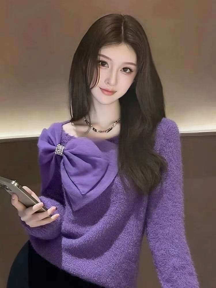 자이언트 잘 생긴 나비 매듭 스웨터 여자 가을 겨울 고급 센스 느긋한 바람 루즈핏 슬림해 보이는 Chic 니트 스웨터 맨위 상세 이미지 2