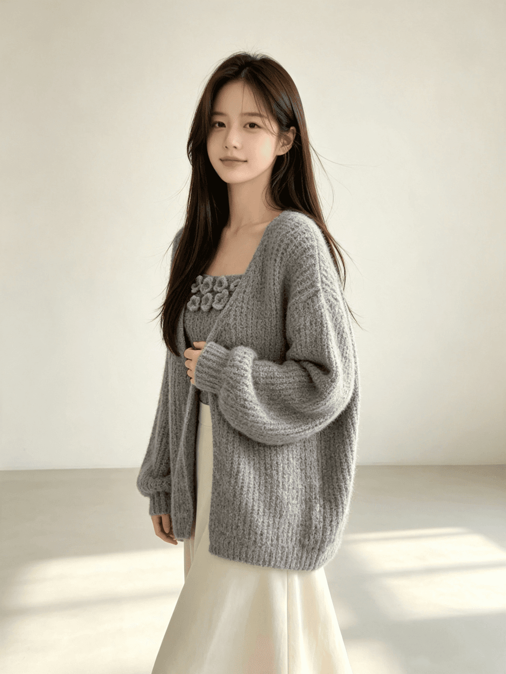 가을 겨울 새로운 프랑스식 부드러운 스웨터 코트 니트 오픈 가디건 몸매 가꾸기 슬림해 보이는 꽃 포장 가슴 두 조각 여성 세트 상세 이미지 1