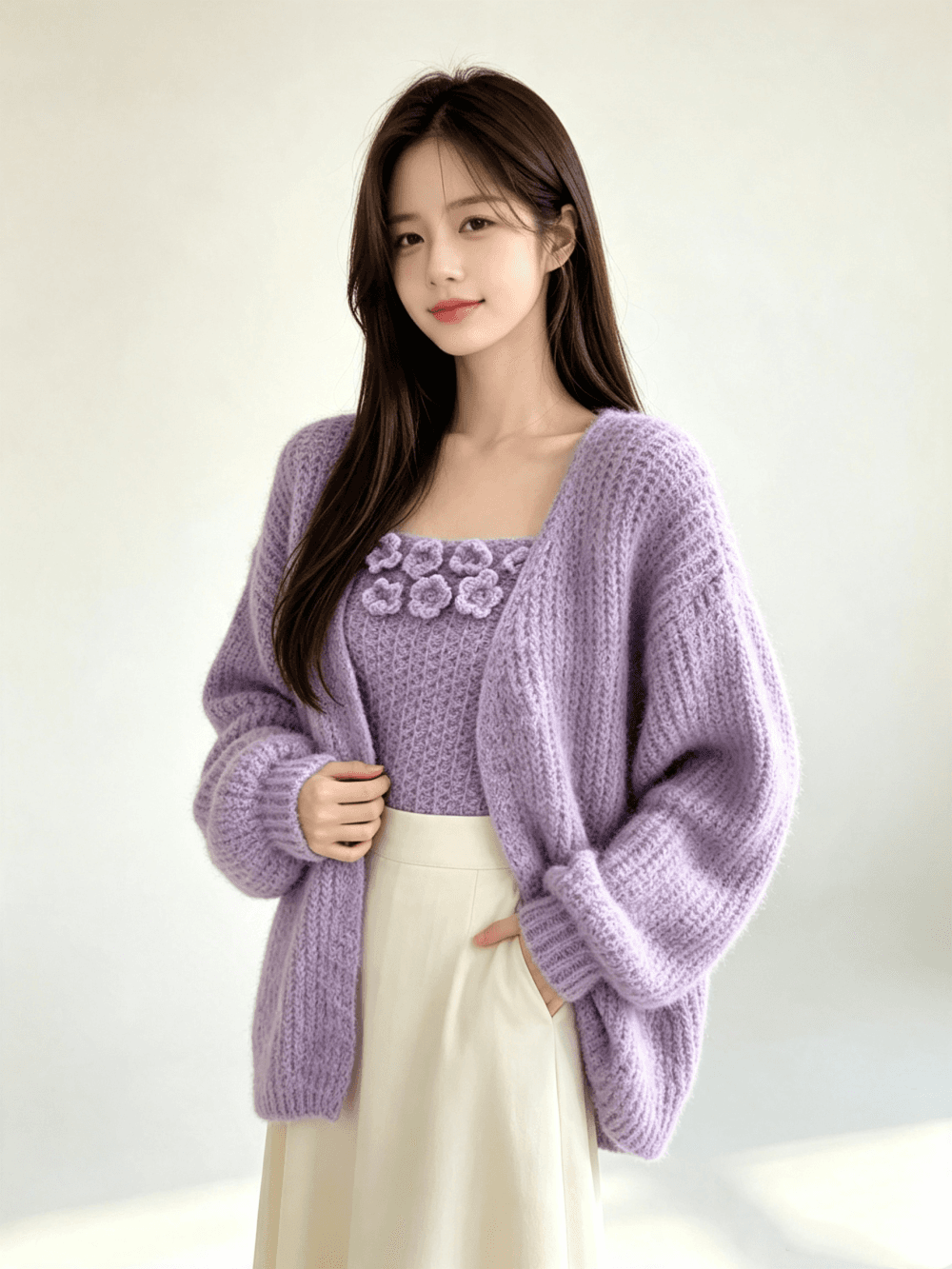 가을 겨울 새로운 프랑스식 부드러운 스웨터 코트 니트 오픈 가디건 몸매 가꾸기 슬림해 보이는 꽃 포장 가슴 두 조각 여성 세트 상세 이미지 3