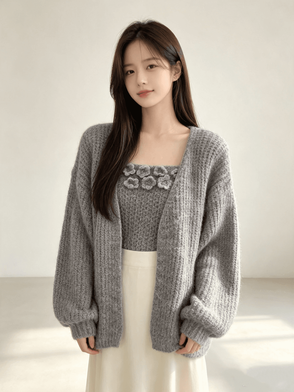 가을 겨울 새로운 프랑스식 부드러운 스웨터 코트 니트 오픈 가디건 몸매 가꾸기 슬림해 보이는 꽃 포장 가슴 두 조각 여성 세트 상세 이미지 5