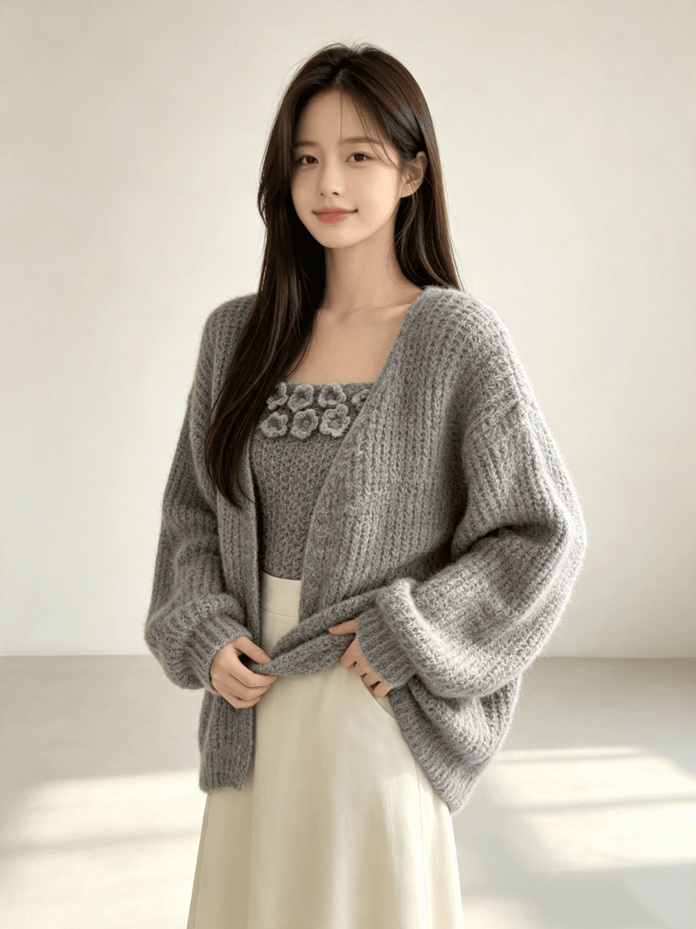 가을 겨울 새로운 프랑스식 부드러운 스웨터 코트 니트 오픈 가디건 몸매 가꾸기 슬림해 보이는 꽃 포장 가슴 두 조각 여성 세트 상세 이미지 6