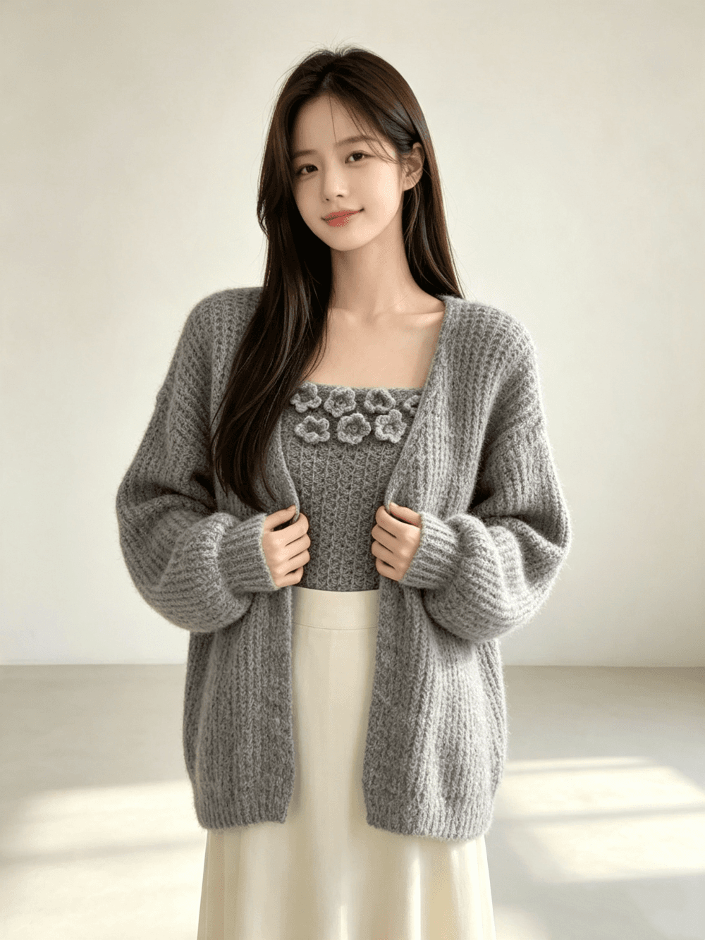 가을 겨울 새로운 프랑스식 부드러운 스웨터 코트 니트 오픈 가디건 몸매 가꾸기 슬림해 보이는 꽃 포장 가슴 두 조각 여성 세트 상세 이미지 7