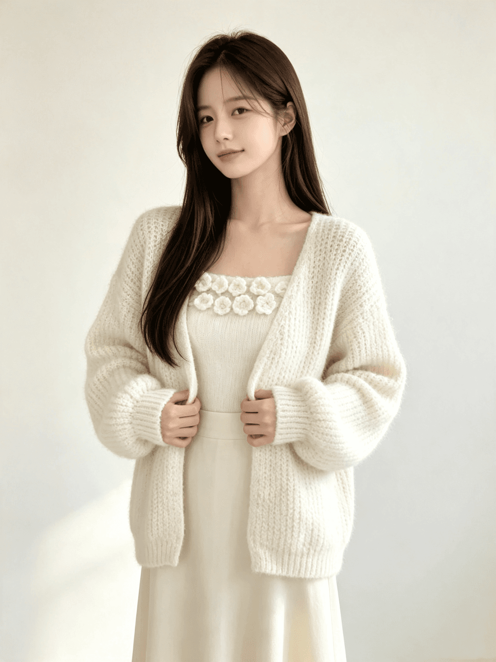 가을 겨울 새로운 프랑스식 부드러운 스웨터 코트 니트 오픈 가디건 몸매 가꾸기 슬림해 보이는 꽃 포장 가슴 두 조각 여성 세트 이미지 3