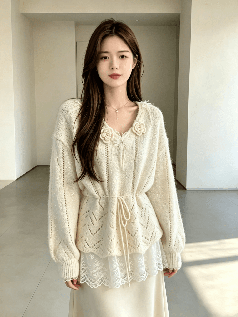 가을 겨울 새로운 부드러운 바람 레이스 조각 스웨터 풀오버 니트 스웨터 달콤함 다용도