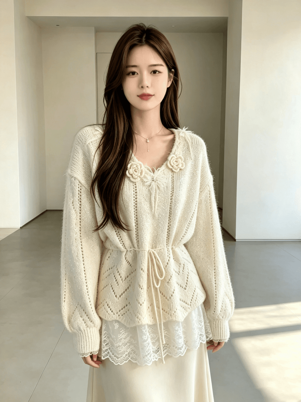 가을 겨울 새로운 부드러운 바람 레이스 조각 스웨터 풀오버 니트 스웨터 달콤함 다용도 상세 이미지 3