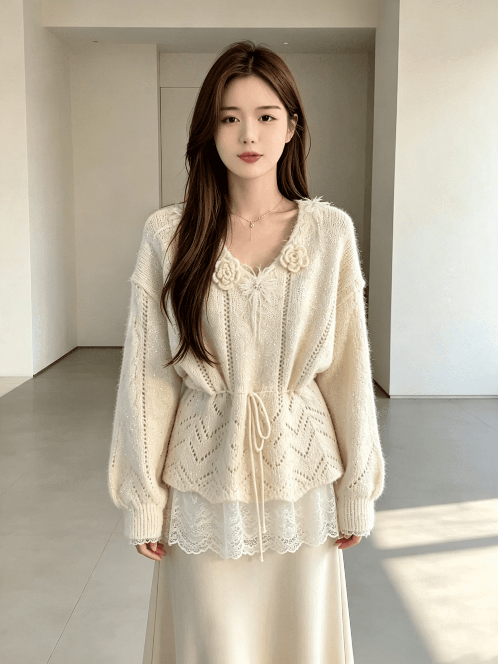 가을 겨울 새로운 부드러운 바람 레이스 조각 스웨터 풀오버 니트 스웨터 달콤함 다용도 상세 이미지 5