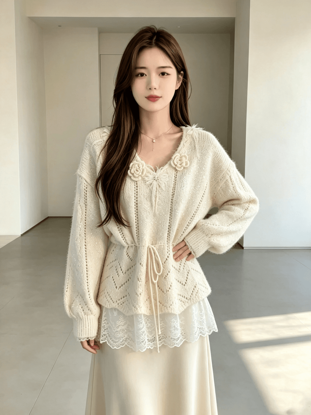 가을 겨울 새로운 부드러운 바람 레이스 조각 스웨터 풀오버 니트 스웨터 달콤함 다용도 상세 이미지 6