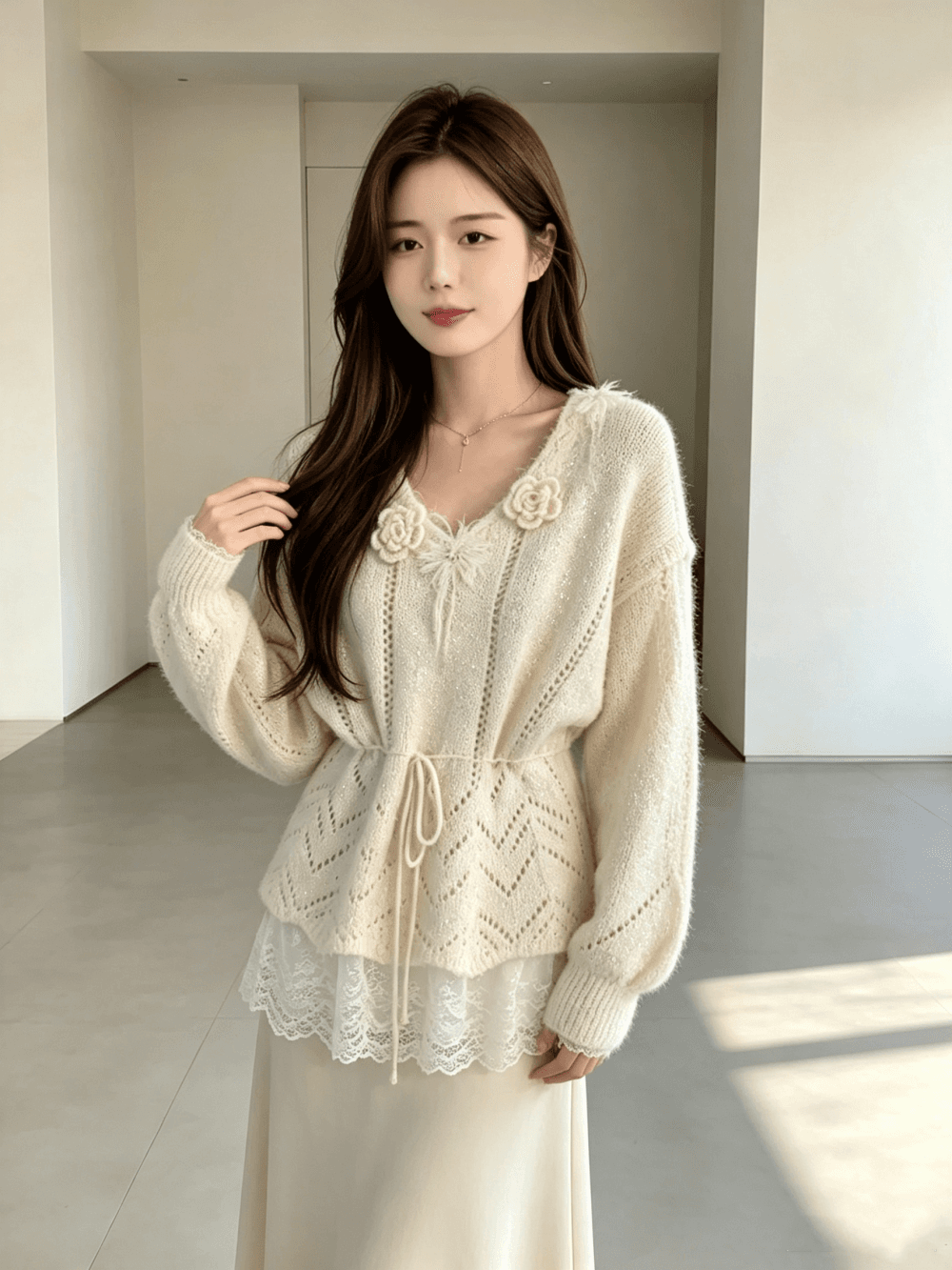 가을 겨울 새로운 부드러운 바람 레이스 조각 스웨터 풀오버 니트 스웨터 달콤함 다용도 상세 이미지 7