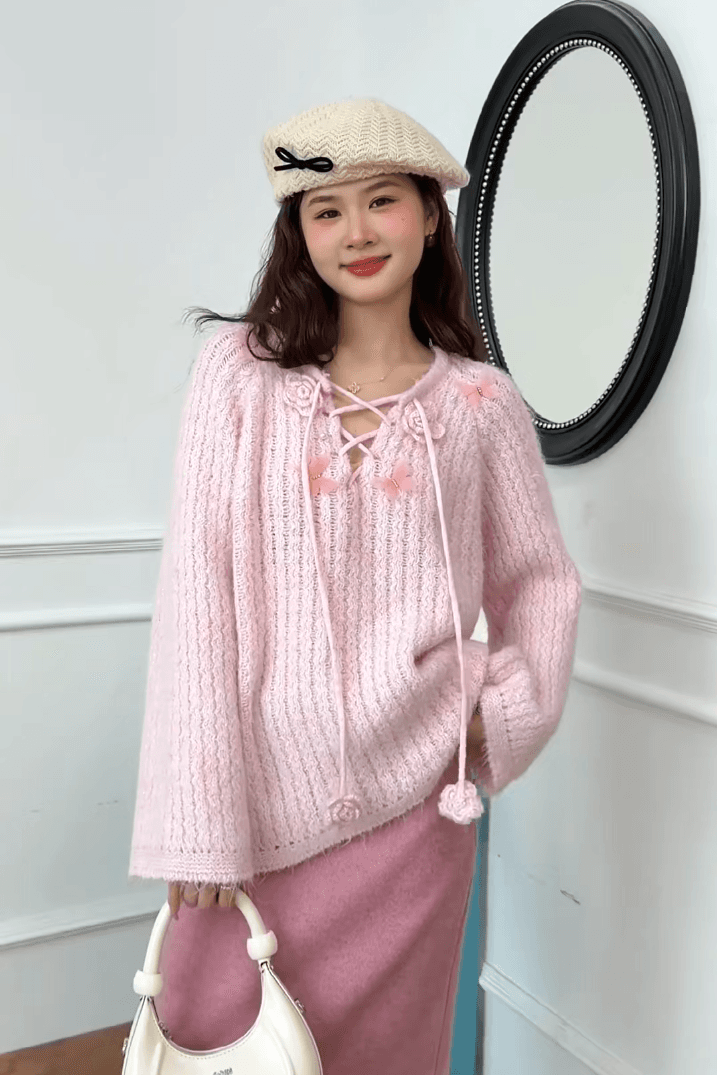 가을 겨울 새로운 우아함 부드러운 다용도 나비 매듭 달콤함 스웨터 여자 풀오버 니트 맨위 여성 상세 이미지 2