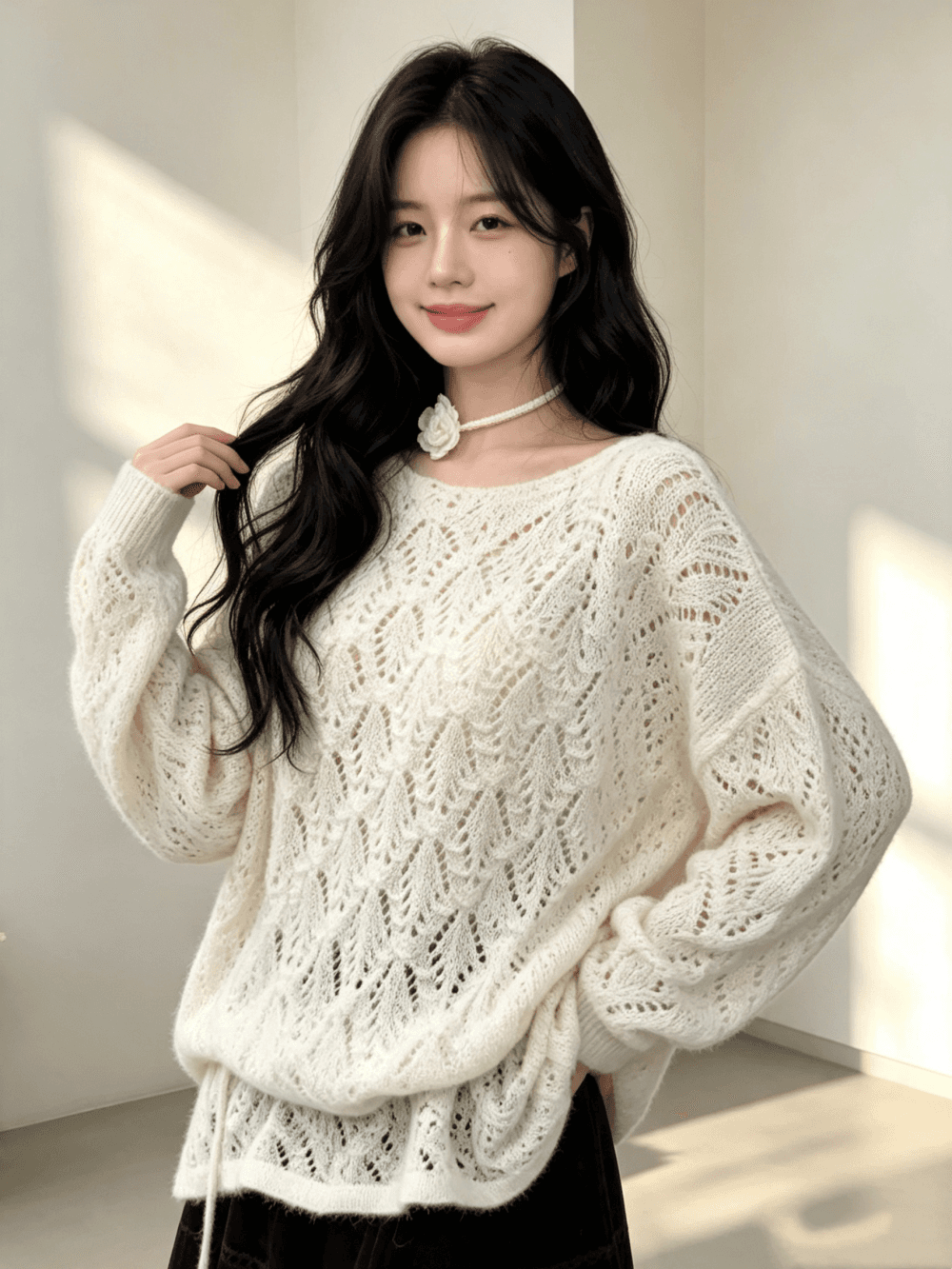 달콤함 우아함 패션 절묘한 홀로우 아웃 풀오버 니트 스웨터 여성 이미지 2
