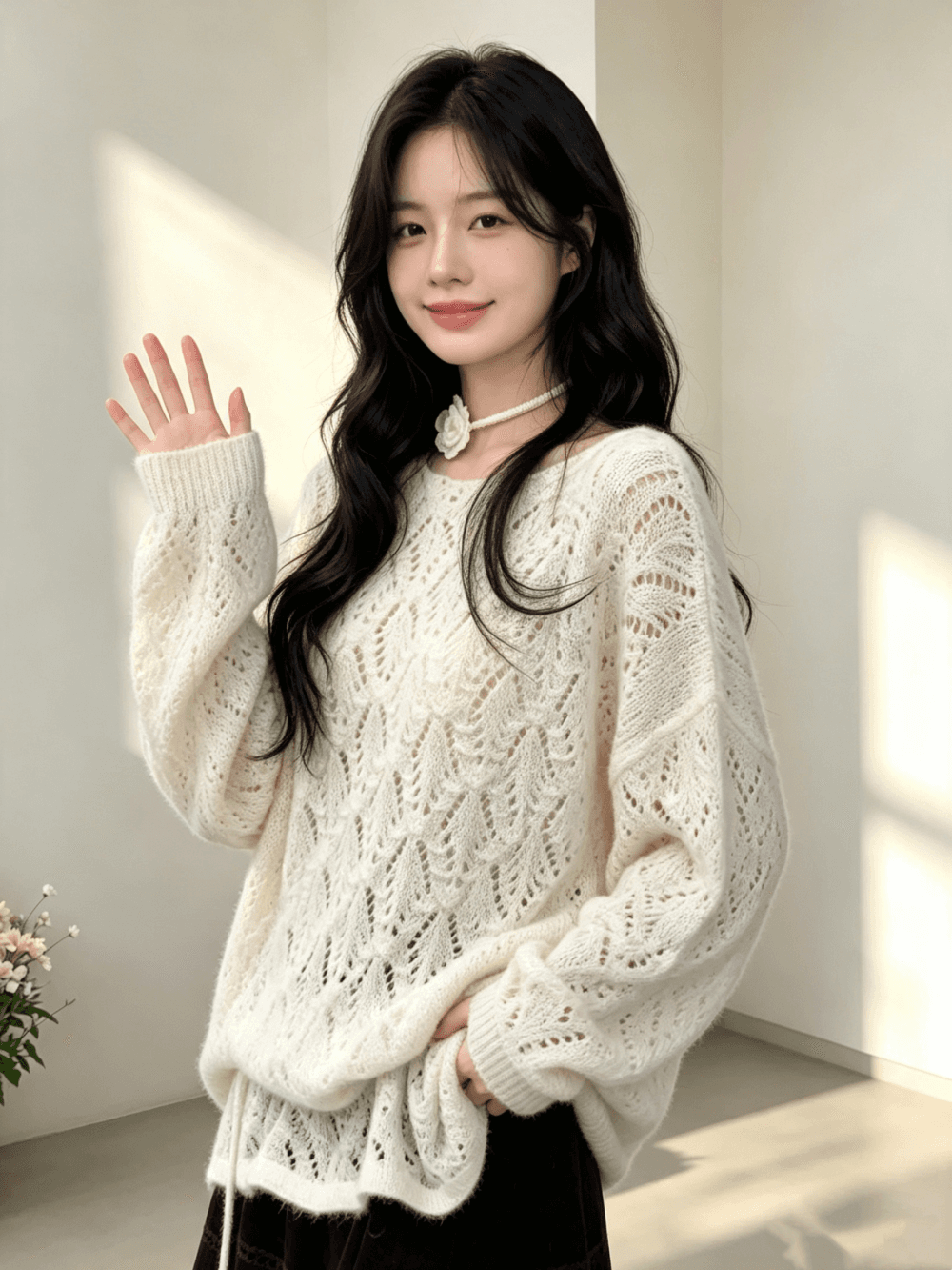 달콤함 우아함 패션 절묘한 홀로우 아웃 풀오버 니트 스웨터 여성 이미지 3
