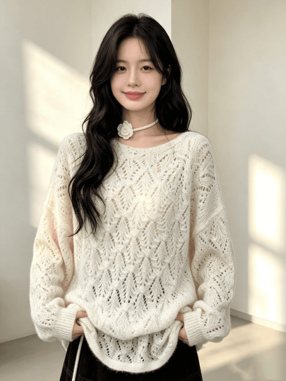 달콤함 우아함 패션 절묘한 홀로우 아웃 풀오버 니트 스웨터 여성