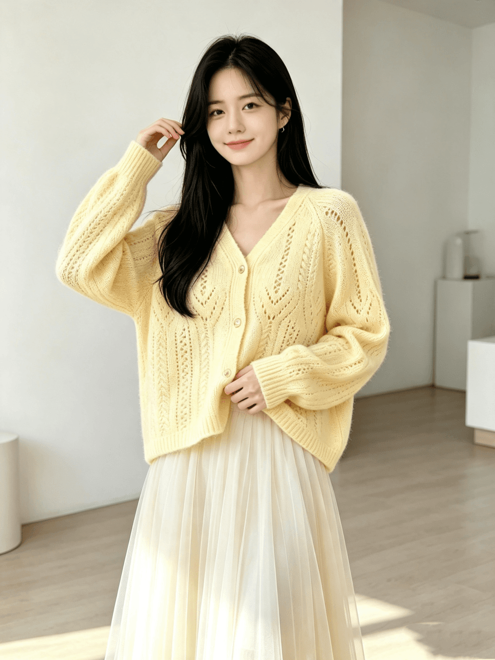 V넥 프랑스식 우아함 니트 오픈 가디건 한 부서 절묘한 스웨터 여성 코트 이미지 4