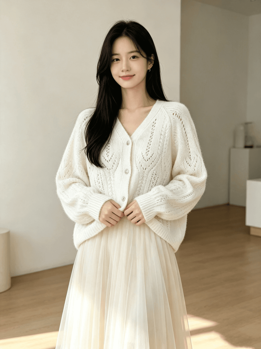 V넥 프랑스식 우아함 니트 오픈 가디건 한 부서 절묘한 스웨터 여성 코트 상세 이미지 2