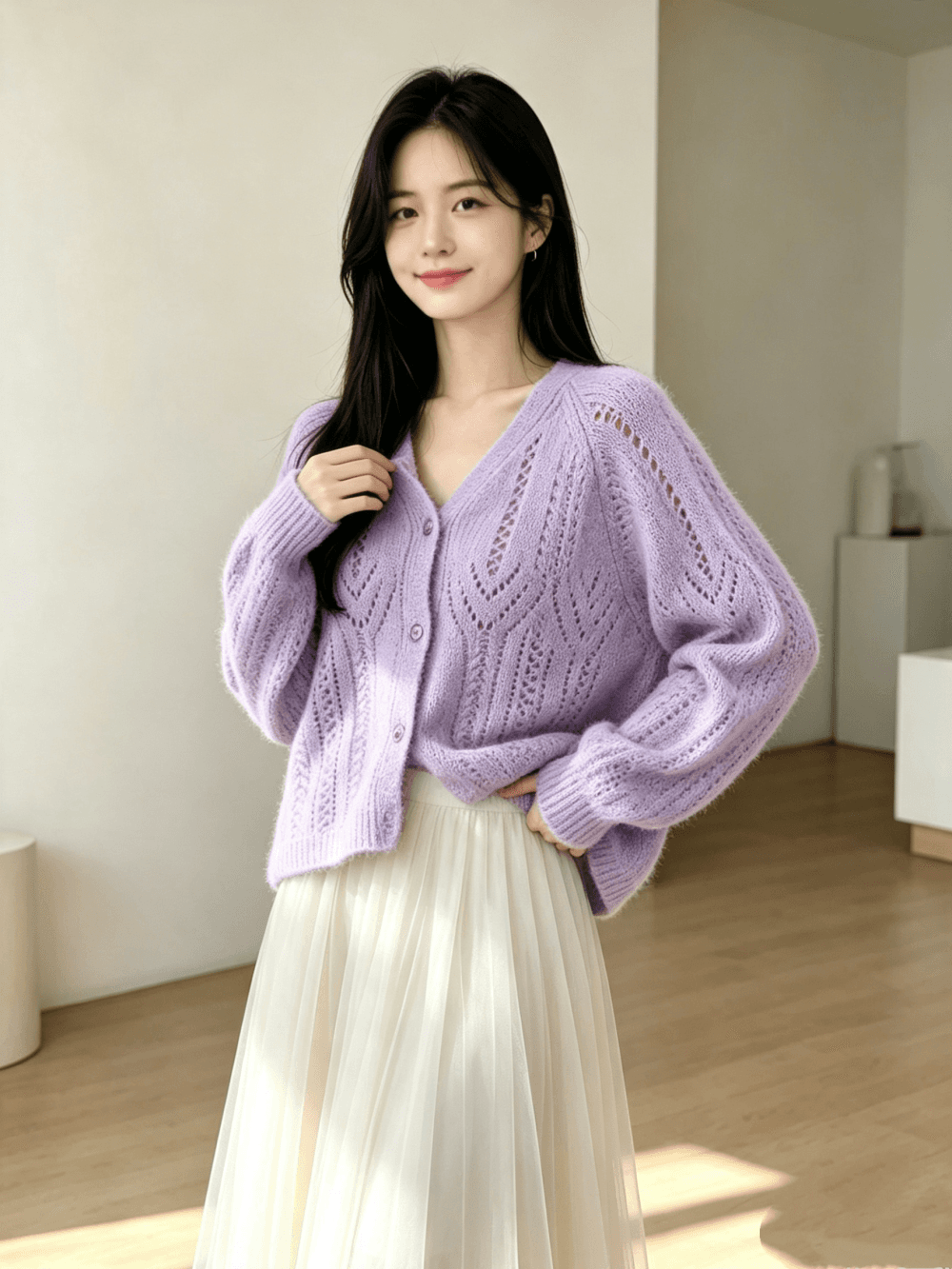 V넥 프랑스식 우아함 니트 오픈 가디건 한 부서 절묘한 스웨터 여성 코트 상세 이미지 8