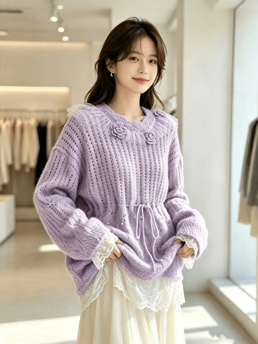 가을 겨울 새로운 작은 샤넬 스타일 우아함 레이스 조각 절묘한 달콤함 니트 스웨터 풀오버 레이스업 풀오버 맨위