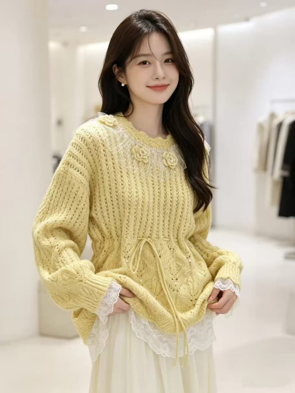 가을 겨울 새로운 작은 샤넬 스타일 우아함 레이스 조각 절묘한 달콤함 니트 스웨터 풀오버 레이스업 풀오버 맨위 상세 이미지 2