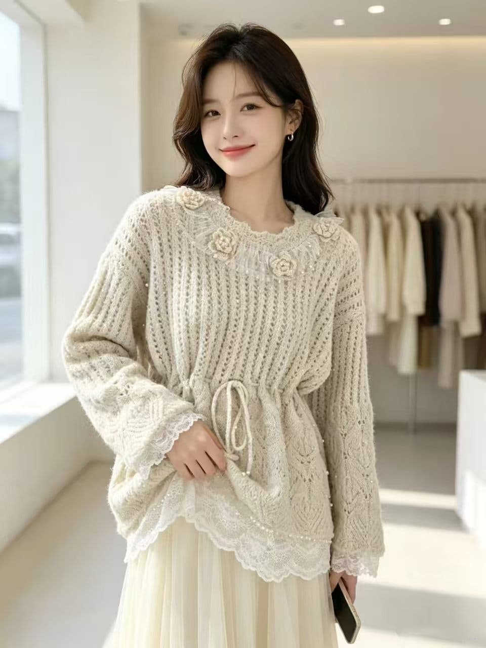 가을 겨울 새로운 작은 샤넬 스타일 우아함 레이스 조각 절묘한 달콤함 니트 스웨터 풀오버 레이스업 풀오버 맨위 상세 이미지 3