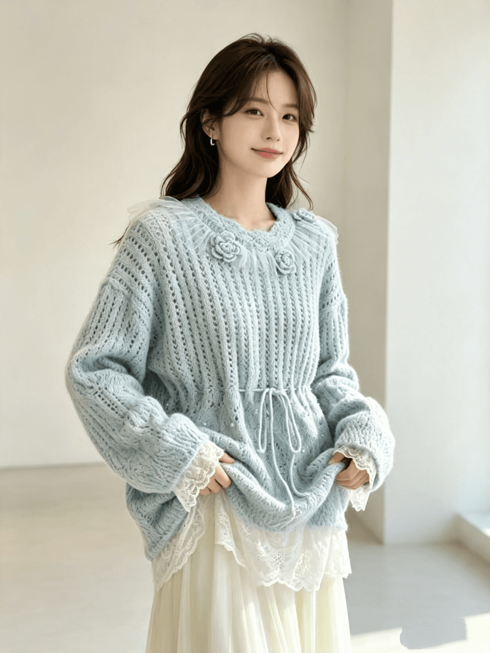 가을 겨울 새로운 작은 샤넬 스타일 우아함 레이스 조각 절묘한 달콤함 니트 스웨터 풀오버 레이스업 풀오버 맨위 상세 이미지 5