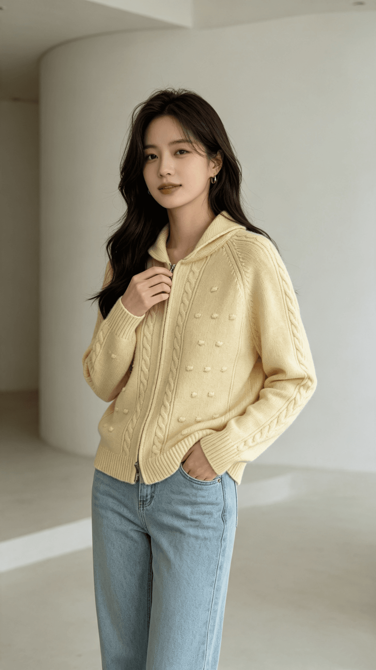 가을 겨울 새로운 한 부서 절묘한 캐주얼 지퍼 니트 오픈 가디건 스웨터 여성 코트 상세 이미지 1