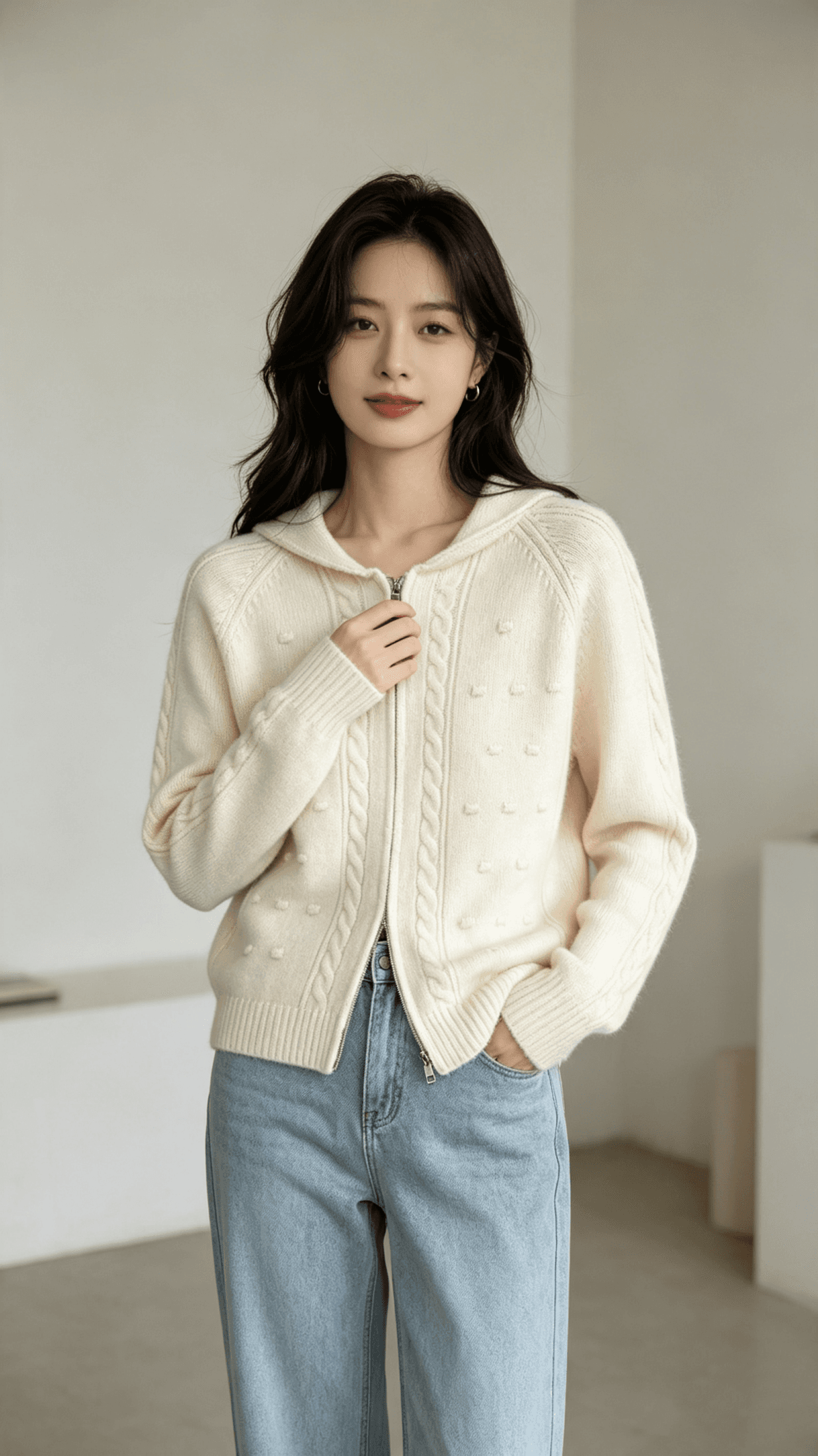 가을 겨울 새로운 한 부서 절묘한 캐주얼 지퍼 니트 오픈 가디건 스웨터 여성 코트 상세 이미지 3