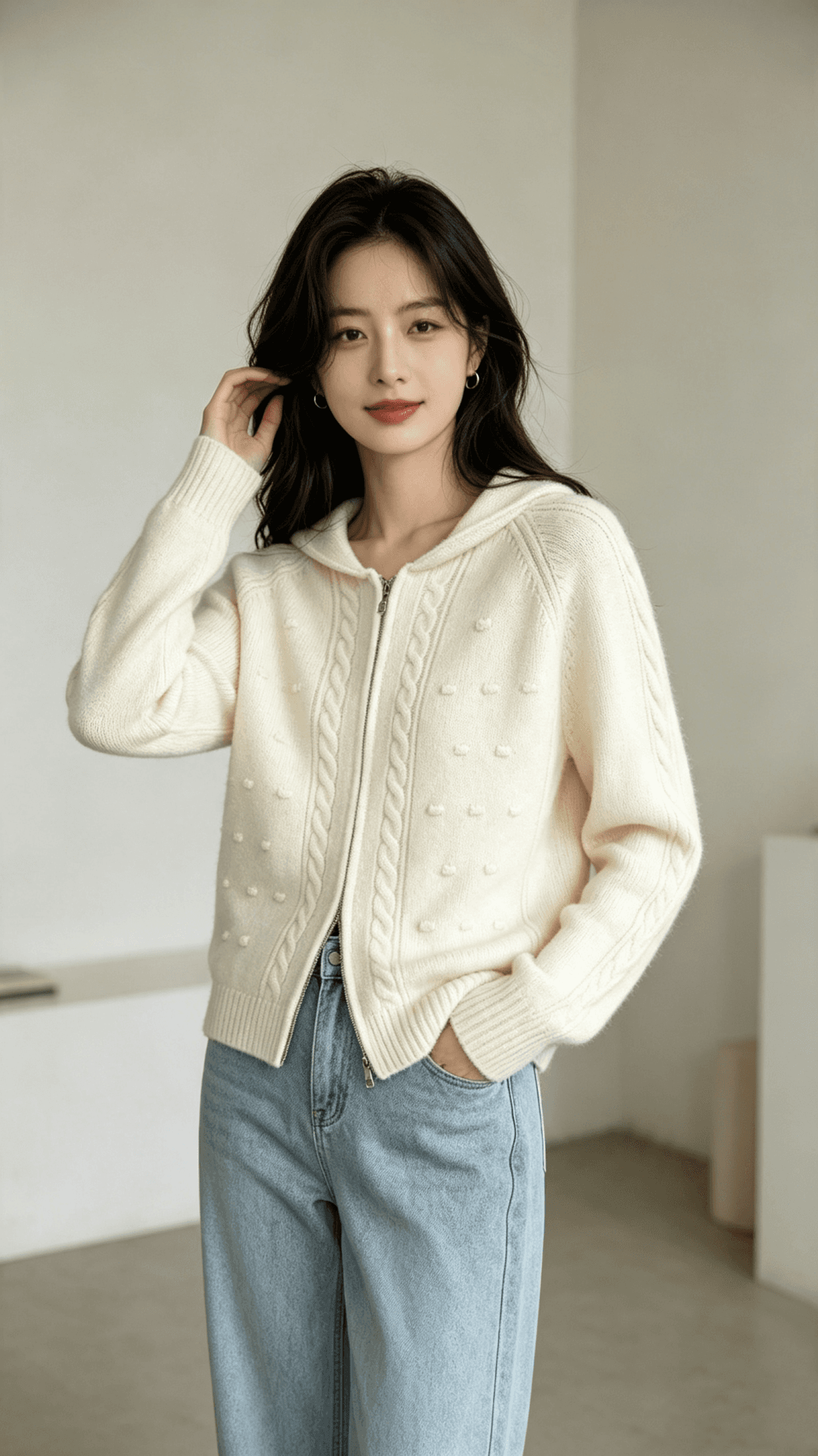 가을 겨울 새로운 한 부서 절묘한 캐주얼 지퍼 니트 오픈 가디건 스웨터 여성 코트 상세 이미지 5