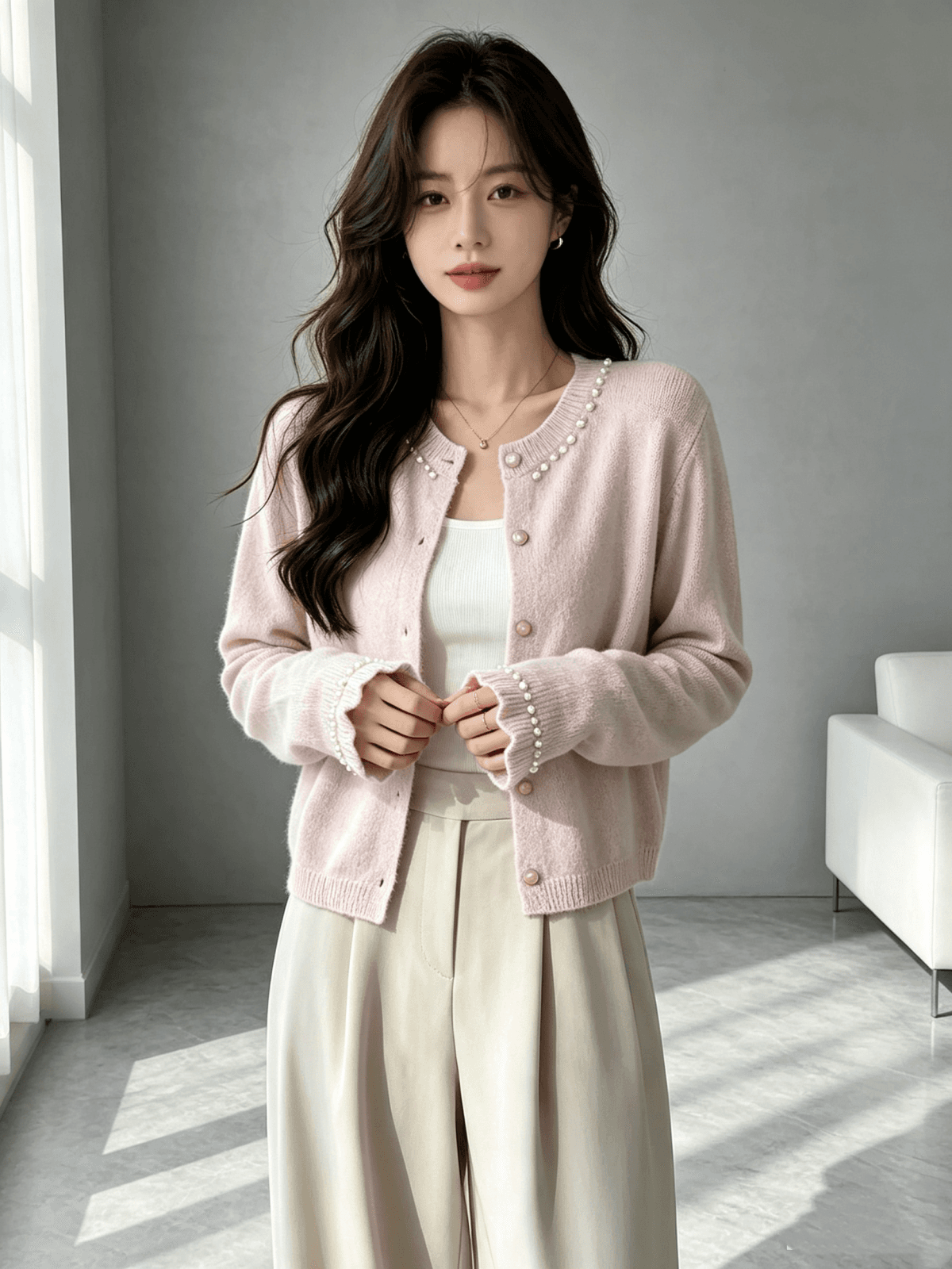 작은 샤넬 스타일 고급 달콤함 비즈 박기 다용도 니트 오픈 가디건 여성 스웨터 코트 상세 이미지 3