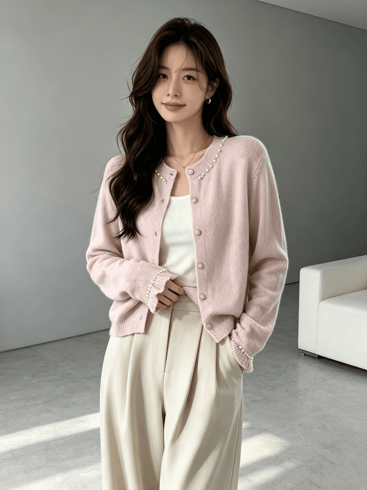 작은 샤넬 스타일 고급 달콤함 비즈 박기 다용도 니트 오픈 가디건 여성 스웨터 코트 상세 이미지 4