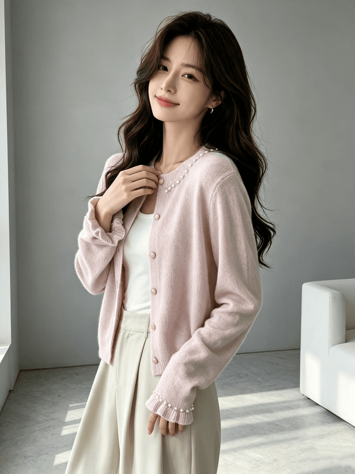 작은 샤넬 스타일 고급 달콤함 비즈 박기 다용도 니트 오픈 가디건 여성 스웨터 코트 이미지 4