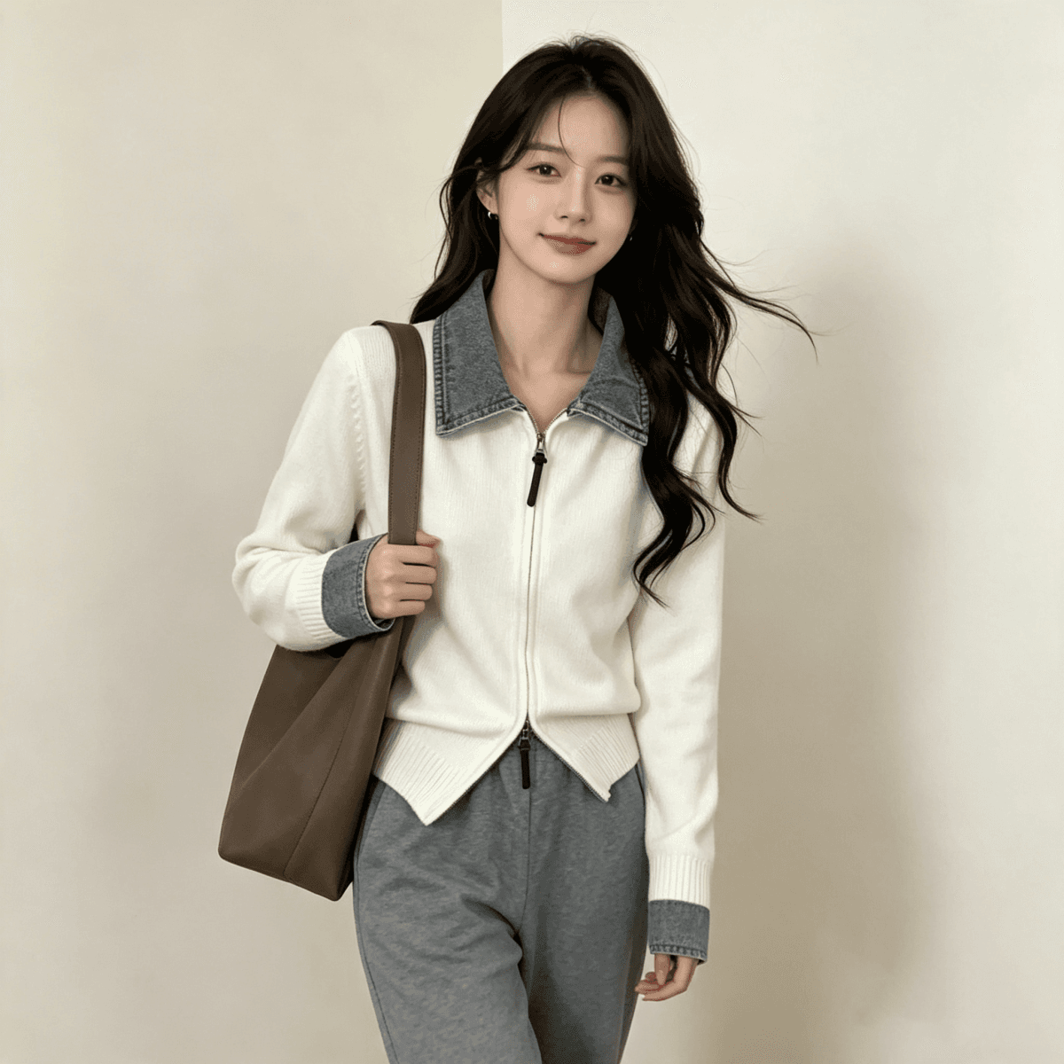 가을 겨울 새로운 POLO 칼라 데님 패치워크 니트 지퍼 오픈 가디건 캐주얼 다용도 스웨터 코트 맨위 여성 트렌디