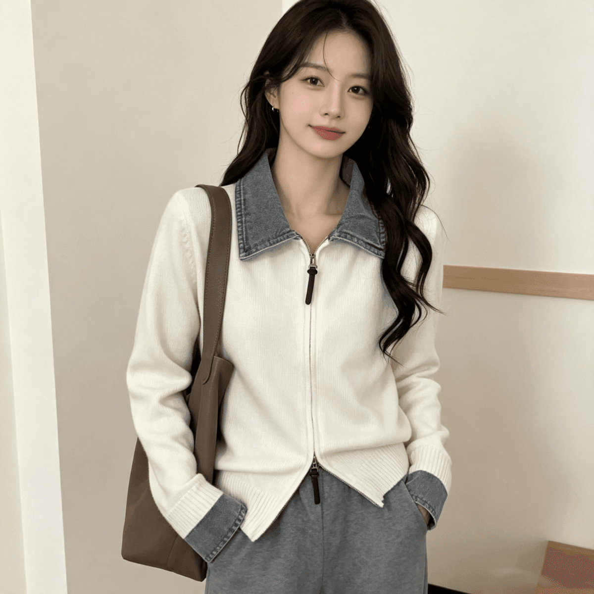 가을 겨울 새로운 POLO 칼라 데님 패치워크 니트 지퍼 오픈 가디건 캐주얼 다용도 스웨터 코트 맨위 여성 트렌디 상세 이미지 1